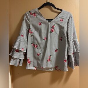 White and gray stripped embroidered Floral Ruffled Blouse